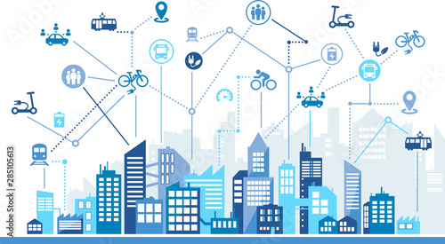 Fotomural new mobility icon concept: ecological public transport alternatives with urban c