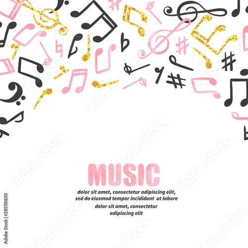 Hand drawn music notes ornament border. Vector musical background.