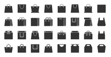 Shopping Eco Bag Black Silhouette Icons Vector Set