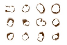 Collection Burnt Paper Holes On White Background. Burned Scorched Holes Set
