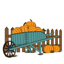 Wooden Cart Standing By A Fence Full Of Ripe Pumpkins. Harvesting Pumpkins