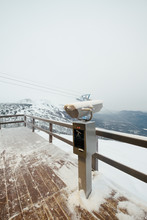 Observation Deck On The Mountains With Binoculars To View The Scenery