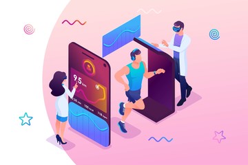 Wall Mural - isometric concept scientists are testing a mobile app to track an athlete's workout. the athlete run