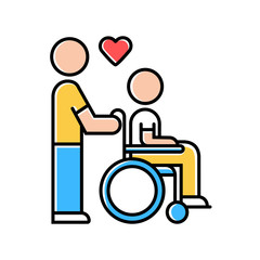 Wall Mural - Disabled people help color icon. Volunteer responsibility for handicapped. Disability persons assistance. Nursing care. Man carries invalid in wheelchair. Isolated vector illustration