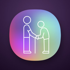 Sticker - Elderly people help app icon. Volunteer responsibility for old people. Caring about old parents. Man hold senior by hands. UI/UX user interface. Web or mobile application. Vector isolated illustration