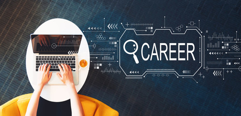 Wall Mural - Searching career theme with person using a laptop on a white table