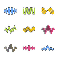 Sticker - Sound waves color icons set. Music rhythm, heart pulse. Audio waves, sound recording and radio signals logotype. Digital waveforms, abstract soundwaves, amplitude. Isolated vector illustrations