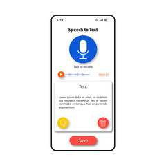 Speech to text transformer smartphone interface vector template. Mobile app page color design layout. Spoken phrases recognizer screen. Flat UI for application. Audio converter phone display