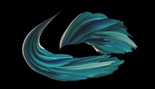 3D Rendering Of Cyan Peacock Feathers. Tropical Bird Plume. Abstract Twisted Shape. Gradient Flower Petals. Blue, Turquoise On Black Background.