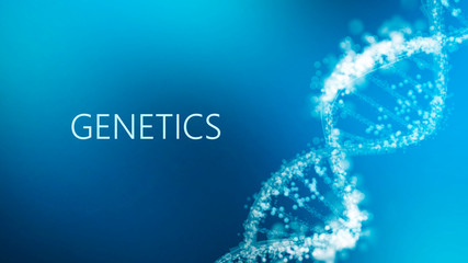 Word Genetics with DNA helix on blue scientific backdrop