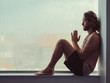 © Javier De La Torre/ADDICTIVE STOCK - Side view of relaxed thoughtful male sitting in harmony on sill near against steamy window with eyes closed