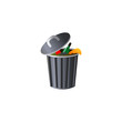 Steel garbage container with trash. Raster illustration in flat cartoon style on white background