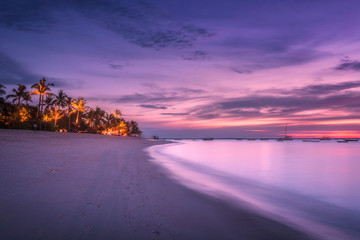 Sandy beach with palm trees at colorful sunset in summer.  Tropical landscape with sea shore, blurred water, palms, boats and yachts in ocean, purple sky with clouds at night. Travel in exotic Africa