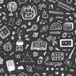 © AllNikArt - Hand Drawn Doodle School Supplies Icons Vector Seamless Pattern. Education Design Elements Black and White Background for Kids. Back to School