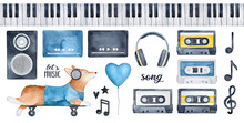 "Let's Music" Illustration Pack With Funny Corgi Dog Character In Earphones, Various Musical And Celebration Signs. Hand Painted Watercolour Drawing On White Background, Clipart Elements For Design.