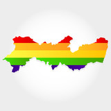 Fototapeta  - Rainbow flag in contour of Pernambuco. Lgbt flag in contour of Pernambuco with light grey background. Brazilian state. Northeast of Brazil.