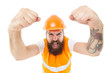 © be free - Yes we can. Man engineer protective uniform white background. Engineering career concept. Architect builder engineer. Safety apparel for construction industry. Bearded brutal hipster safety engineer