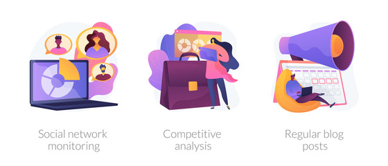 Sticker - Business analytics, digital marketing icons set. Online promotion service. Social network monitoring, competitive analysis, regular blog posts metaphors. Vector isolated concept metaphor illustrations