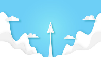 Rocket ship launch flying on blue sky with clouds.Paper art of business start up concept creative idea concept.Vector illustration.