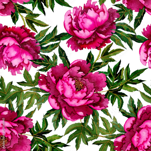 Watercolor seamless pattern with peony flowers . Vintage floral pattern in ch...