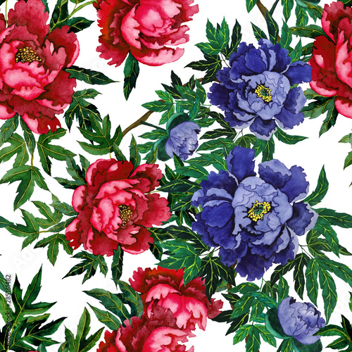 Watercolor seamless pattern with peony flowers . Vintage floral pattern in ch...