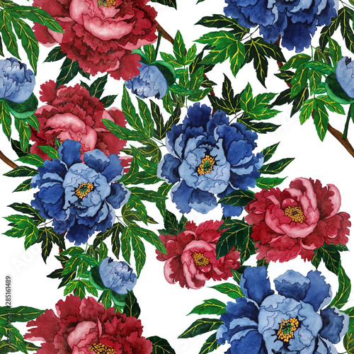 Watercolor seamless pattern with peony flowers . Vintage floral pattern in ch...