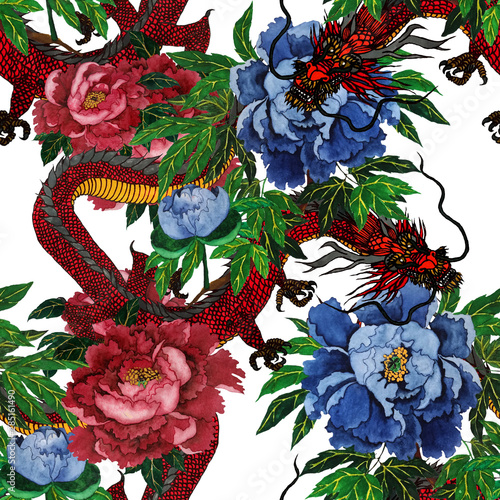 Watercolor seamless pattern with chinese dragon and peonies. Creative fashion...