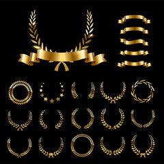 golden laurel wreaths and ribbons set on black background. set of foliate award wreath for champions