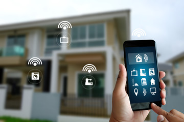 man use mobile phone with smart home app Smart home augmented reality (AR) internet of things (IOT)