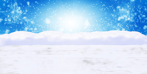 Wall Mural - Winter snowy shiny blurred background. White snow drifts, empty snow-covered wooden platform. Christmas New Year holiday  background. Copy space