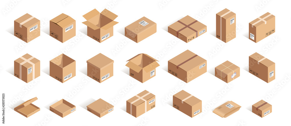 Big isometric delivery carton box set - obrazy, fototapety, plakaty 