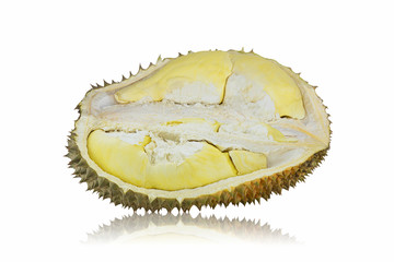 Fresh peeled durian fruit on white background