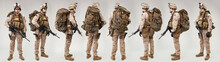 US Marines Forces Soldiers With Rifles On Grey Background. Shot In Studio. Collage