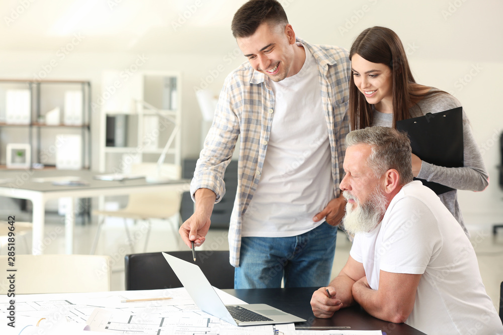 Team of architects discussing project in office