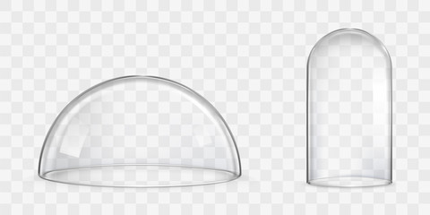 Various size and spherical shape glass domes or bell jars 3d realistic vectors isolated on transparent background. Laboratory tool, exhibition display case, dust cover, kitchen glassware illustration