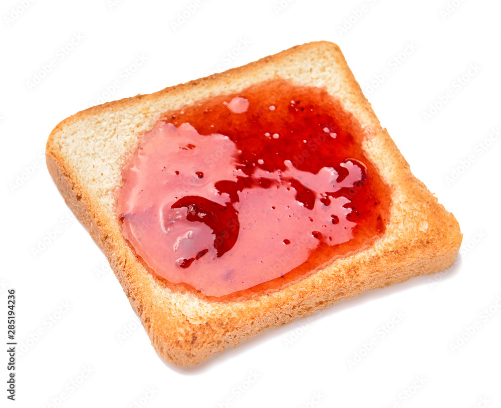 Tasty toasted bread with jam on white background
