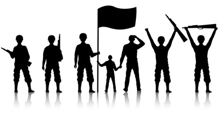 Poster - Silhouette of Soldiers holding wavy flag with rifles on white background.