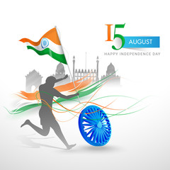 Poster - Silhouette character of man holding Indian waving flag with Ashoka Wheel and Red Fort monument for 15th August Independence Day celebration poster or template design.