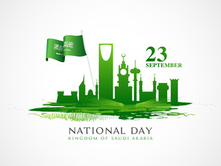 Wall Mural - Illustration of Saudi Arabia National wavy Flag with Famous Monuments for 23rd September, Kingdom Of Saudi Arabia National Day celebration poster design.