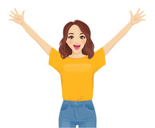 Surprised Excited Cute Young Woman In Jeans Isolated Vector Illustration
