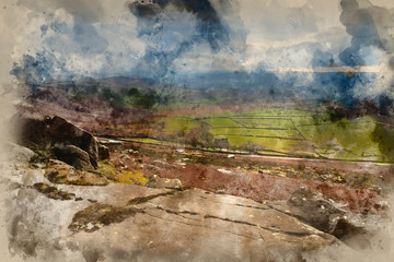 Wall Mural - Digital watercolor painting of Beautiful Autumn Fall landscape of Hope Valley from Stanage Edge in Peak District