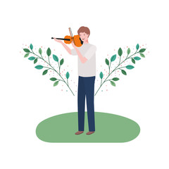 Wall Mural - man with fiddle and branches and leaves in the background