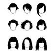 Women's haircuts silhouettes vector set. Ttypes of hairstyles.