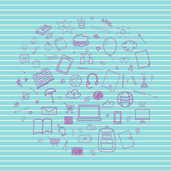 Wall Mural - Abstract line pattern with school supplies. Graphic paper background. Striped texture. Back to school. Hand drawn backdrop with lines. Education concept