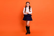 © deagreez - Fuul length body size view photo charming cute child feel positive cheerful satisfied content rest relax isolated fashionable clothing boots orange vibrant background