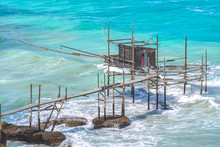 Trabocchi Coast Of Punta Aderci In Vasto - Abruzzo Region - Chieti Province- Trabucco Or Trabocco Is Old Wooden Palatiffe Stilt House Shack Fishing Machine South Italy Sea