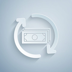 Poster - paper cut refund money icon isolated on grey background. financial services, cash back concept, mone