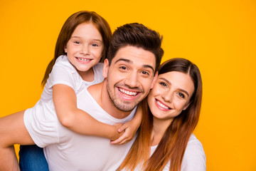 Sticker - Close-up portrait of three nice attractive lovely cheerful cheery tender sweet person having fun spending weekend holiday daydream isolated over bright vivid shine yellow background