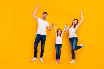 Sticker - Full length body size view of three nice attractive charming lovely stylish cheerful cheery crazy person having fun weekend great news rejoicing isolated over bright vivid shine yellow background