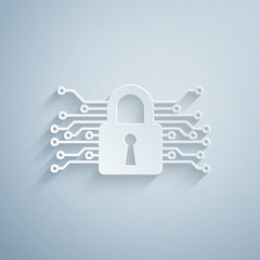 Wall Mural - Paper cut Cyber security icon isolated on grey background. Closed padlock on digital circuit board. Safety concept. Digital data protection. Paper art style. Vector Illustration